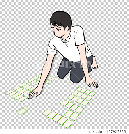 競技かるたで札を取る半袖シャツを着た男性のイラスト素材 127927836