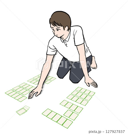 競技かるたで札を取る半袖シャツを着た男性のイラスト素材 127927837