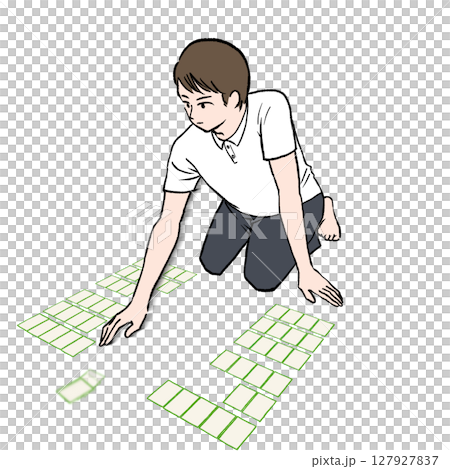 競技かるたで札を取る半袖シャツを着た男性のイラスト素材 127927837