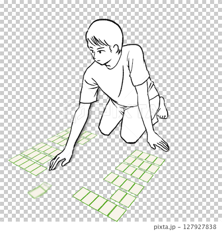 Illustration material of a man wearing a short-sleeved shirt taking a card in competitive karuta 127927838