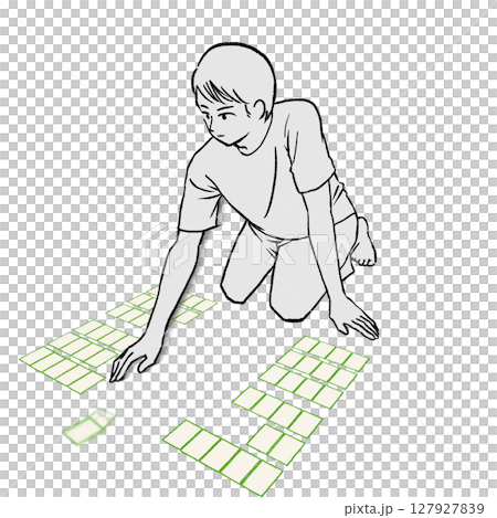 競技かるたで札を取る半袖シャツを着た男性のイラスト素材 127927839