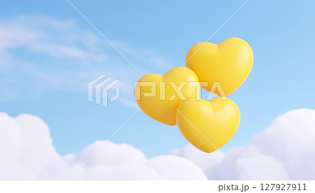 Yellow heart balloons ascend into the blue sky, a romantic symbol of love and celebration 127927911