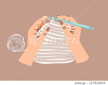 Hands of needlewoman hold the hook and yarn. Creative hobby, crochet knitting process vector illustration. Top view of the workplace Hands of needlewoman hold the hook and yarn. Creative hobby, crochet knitting process vector illustration. Top view of the workplace 127928004