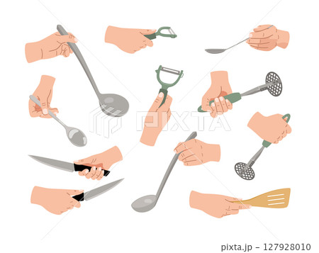 Female hands holding kitchen utensils vector collection. Slotted spatula, spoon, knife, ladle, vegetable peeler isolated on white background 127928010