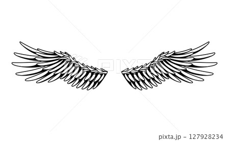 Wings sketch. Stylized birds wings. Hand drawn contoured stiker wing in open position. Vector design elements in coloring style Wings sketch. Stylized birds wings. Hand drawn contoured stiker wing in open position. Vector design elements in coloring style 127928234