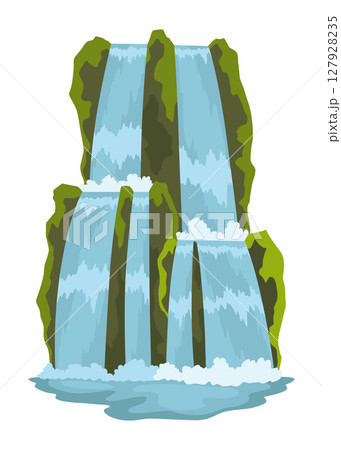 Cartoon river cascade waterfall. Landscape with mountains and trees. Design element for travel brochure or illustration mobile game. Fresh natural water Cartoon river cascade waterfall. Landscape with mountains and trees. Design element for travel brochure or illustration mobile game. Fresh natural water 127928235