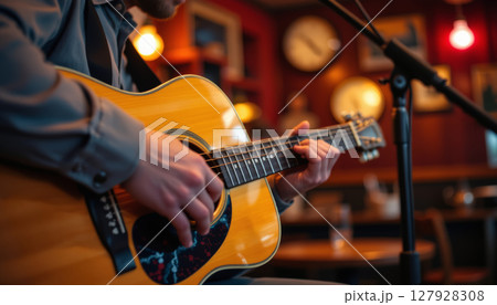Acoustic guitar performance in cozy setting evokes warm atmosphere 127928308