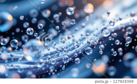 Floating blue molecules create mesmerizing underwater scene with shimmering bubbles 127928309