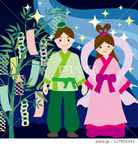 七夕の織姫と彦星、天の川、笹のベクターイラスト 127928343