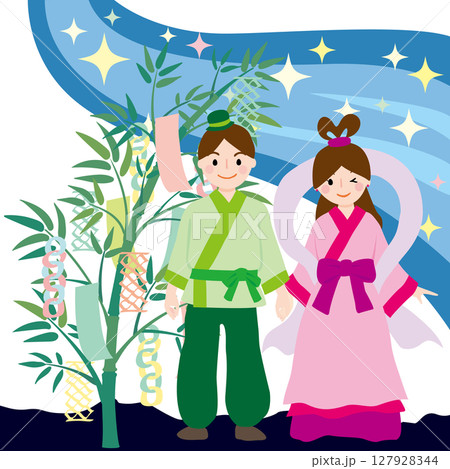 七夕の織姫と彦星、天の川、笹のベクターイラスト 七夕の織姫と彦星、天の川、笹のベクターイラスト 127928344