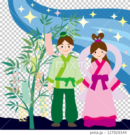 七夕の織姫と彦星、天の川、笹のベクターイラスト 七夕の織姫と彦星、天の川、笹のベクターイラスト 127928344