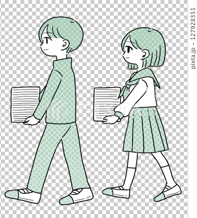 たくさんのノートを運ぶ学生の男女 127928351