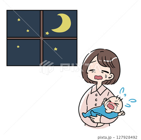 夜泣きする赤ちゃんと疲れた母親 127928492
