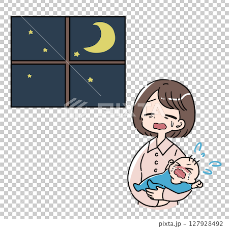 夜泣きする赤ちゃんと疲れた母親 127928492