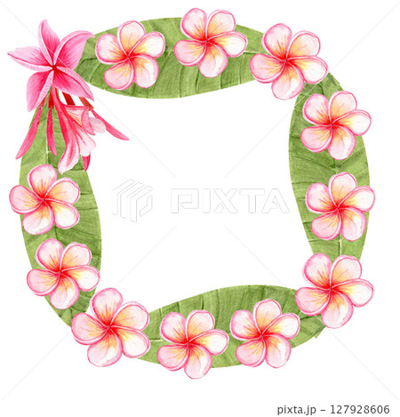 Plumeria flower, leaves watercolor wreath. Hand painted ideal for spa branding, tropical packaging, summer wedding decor, textile design, greeting cards, and botanical illustrations. Bright clip art Plumeria flower, leaves watercolor wreath. Hand painted ideal for spa branding, tropical packaging, summer wedding decor, textile design, greeting cards, and botanical illustrations. Bright clip art 127928606