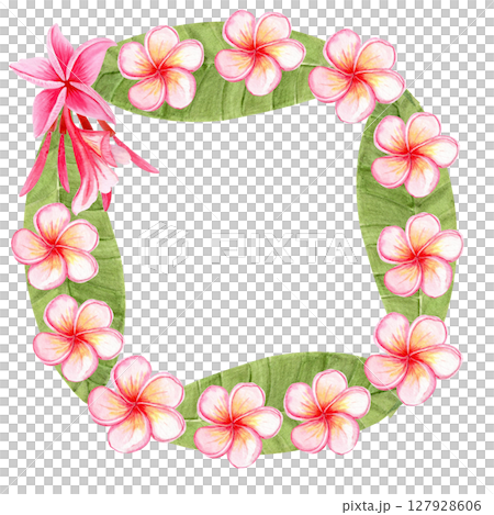 Plumeria flower, leaves watercolor wreath. Hand painted ideal for spa branding, tropical packaging, summer wedding decor, textile design, greeting cards, and botanical illustrations. Bright clip art Plumeria flower, leaves watercolor wreath. Hand painted ideal for spa branding, tropical packaging, summer wedding decor, textile design, greeting cards, and botanical illustrations. Bright clip art 127928606