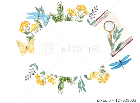 Blue tansy, lavender, rosemary, dragonfly, butterfly, open book, magnifying glass watercolor botanical oval wreath. Perfect for eco-friendly designs, invitations, packaging, posters, natural science Blue tansy, lavender, rosemary, dragonfly, butterfly, open book, magnifying glass watercolor botanical oval wreath. Perfect for eco-friendly designs, invitations, packaging, posters, natural science 127929032