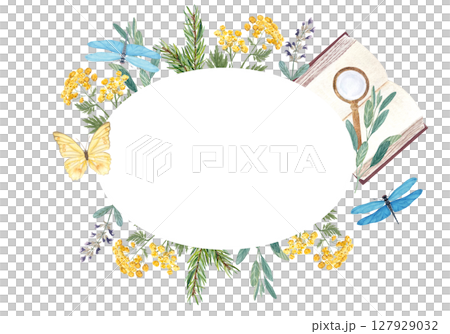 Blue tansy, lavender, rosemary, dragonfly, butterfly, open book, magnifying glass watercolor botanical oval wreath. Perfect for eco-friendly designs, invitations, packaging, posters, natural science Blue tansy, lavender, rosemary, dragonfly, butterfly, open book, magnifying glass watercolor botanical oval wreath. Perfect for eco-friendly designs, invitations, packaging, posters, natural science 127929032