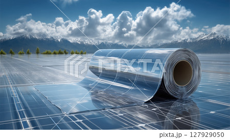 Thin solar panel film rolled out on reflective surface under cloudy sky with mountains in background Thin solar panel film rolled out on reflective surface under cloudy sky with mountains in background 127929050