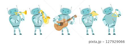 Robot Musician Character Playing Musical Instrument Vector Set 127929066