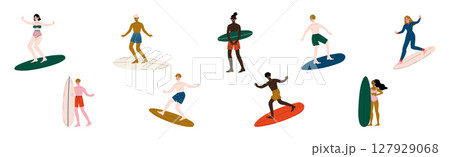 Man and Woman Surfer in Swimwear on Surfboard Vector Set Man and Woman Surfer in Swimwear on Surfboard Vector Set 127929068