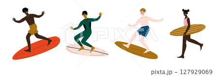 Man and Woman Surfer in Swimwear on Surfboard Vector Set 127929069