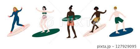 Man and Woman Surfer in Swimwear on Surfboard Vector Set Man and Woman Surfer in Swimwear on Surfboard Vector Set 127929095