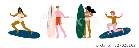 Man and Woman Surfer in Swimwear on Surfboard Vector Set Man and Woman Surfer in Swimwear on Surfboard Vector Set 127929165