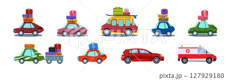 Car and Auto Driving with Travel Bag and Trunk as Holiday Trip Vector Set Car and Auto Driving with Travel Bag and Trunk as Holiday Trip Vector Set 127929180