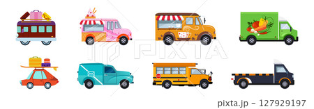 Different Urban Vehicles and City Transport on Road Side View Vector Set 127929197