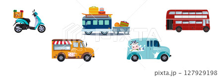 Different Urban Vehicles and City Transport on Road Side View Vector Set 127929198