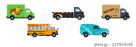 Different Urban Vehicles and City Transport on Road Side View Vector Set 127929199