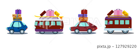 Car and Auto Driving with Travel Bag and Trunk as Holiday Trip Vector Set Car and Auto Driving with Travel Bag and Trunk as Holiday Trip Vector Set 127929220