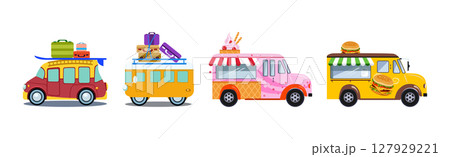 Car and Auto Driving with Travel Bag and Trunk as Holiday Trip Vector Set Car and Auto Driving with Travel Bag and Trunk as Holiday Trip Vector Set 127929221