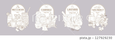 Vintage Organic Herbal Medicine and Natural Product Sticker Vector Set 127929230