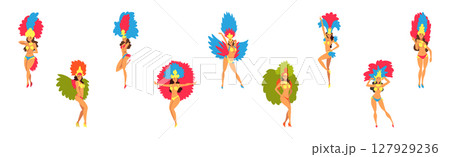 Brazilian Woman Samba Dancer in Bright Parade Feather Dress Vector Set 127929236