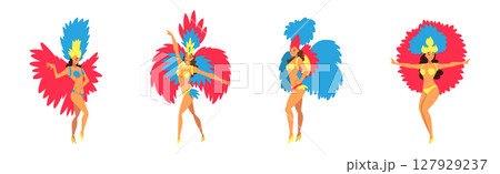 Brazilian Woman Samba Dancer in Bright Parade Feather Dress Vector Set 127929237