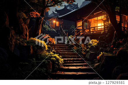 階段の上の日本家屋 127929381