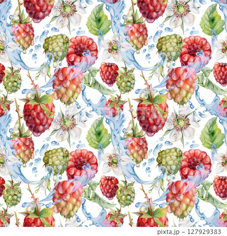 Raspberry leaves, dew drops flying in water splash hand drawn in watercolor. Ripe summer garden forest berry loganberry. Isolated seamless pattern tile. Home preserves, stationery, menu, recipe book 127929383