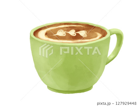 黄緑色のカップのカフェラテ水彩画 黄緑色のカップのカフェラテ水彩画 127929448