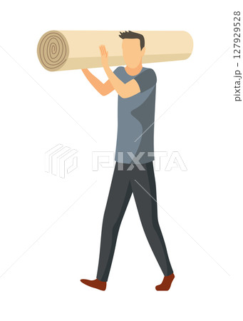 Moving house service. Mover or delivery worker carrying boxes and furniture. Moving house, people packing things. Supplies logistic transportation. Cartoon vector illustration Moving house service. Mover or delivery worker carrying boxes and furniture. Moving house, people packing things. Supplies logistic transportation. Cartoon vector illustration 127929528