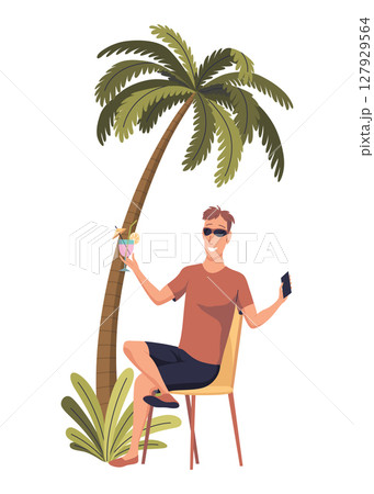 Man Freelancer in Summer on Beach under Palm Tree with cocktail and notebook. Businessman Sitting at Coast and Working. Summer Holiday Relax. Vector Illustration Man Freelancer in Summer on Beach under Palm Tree with cocktail and notebook. Businessman Sitting at Coast and Working. Summer Holiday Relax. Vector Illustration 127929564