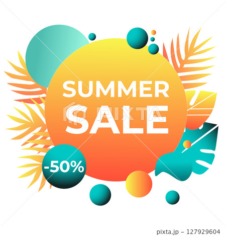 Bright summer sale banners with tropical leaves, geometric shapes, and discount labels. Colorful vector design with gradients, perfect for promotions, social media, ads, and shop campaigns Bright summer sale banners with tropical leaves, geometric shapes, and discount labels. Colorful vector design with gradients, perfect for promotions, social media, ads, and shop campaigns 127929604