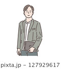 ノートパソコンを持つスタイリッシュなビジネスマンのイラスト 127929617