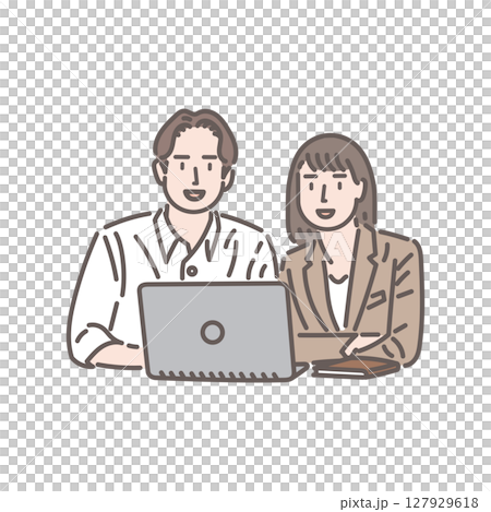 Illustration of male and female business partners working together on a laptop Illustration of male and female business partners working together on a laptop 127929618