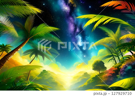 ゲーム背景　ヤシの木があるジャングルと美しい星空の風景 127929710