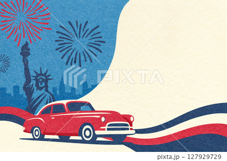 Vintage flat poster or banner for 4th of July with copy space, retro car, Statue of Liberty and fireworks 127929729