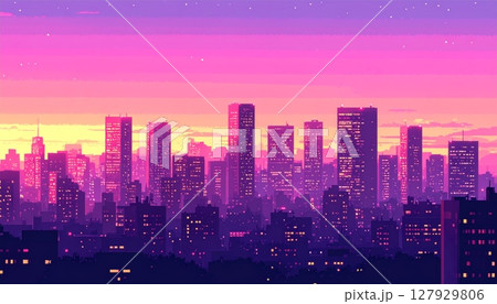 New York City's iconic skyline at night showcases a vibrant urban landscape of towering skyscrapers and illuminated buildings 127929806