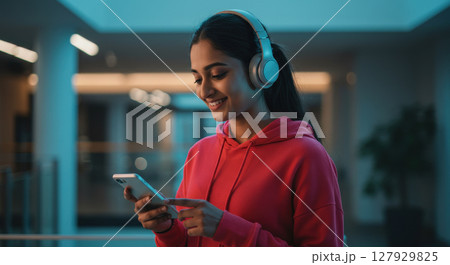 Happy young woman listening to music on headphones while using smartphone indoors at night 127929825