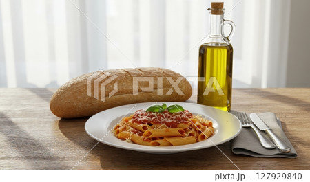 Delicious pasta with tomato sauce, fresh basil, cheese, bread, and olive oil on a wooden table 127929840